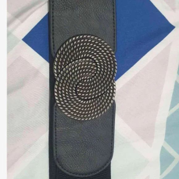 Black Symmetrical Round Buckle Wide Elastic Belt - Picture 5 of 9